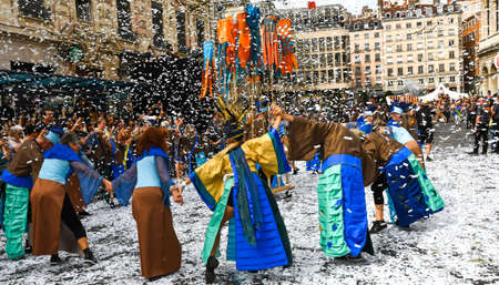 Lyon / France - September 16 2018: Biennial dance parade, colored groups parade in the streets of Lyonのeditorial素材