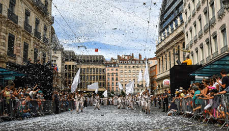 Lyon / France - September 16 2018: Biennial dance parade, colored groups parade in the streets of Lyonのeditorial素材
