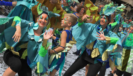 Lyon / France - September 16 2018: Biennial dance parade, colored groups parade in the streets of...