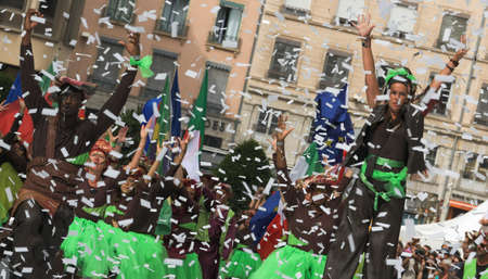 Lyon / France - September 16 2018: Biennial dance parade, colored groups parade in the streets of Lyonのeditorial素材