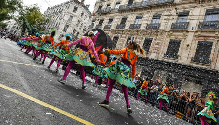 Lyon / France - September 16 2018: Biennial dance parade, colored groups parade in the streets of Lyonのeditorial素材