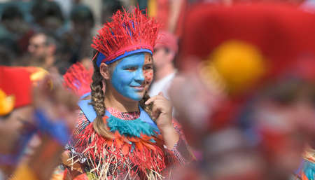 Lyon / France - September 16 2018: Biennial dance parade, colored groups parade in the streets of Lyonのeditorial素材