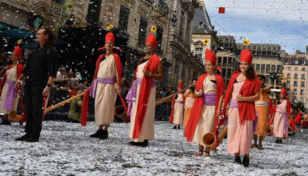 Lyon / France - September 16 2018: Biennial dance parade, colored groups parade in the streets of Lyonのeditorial素材