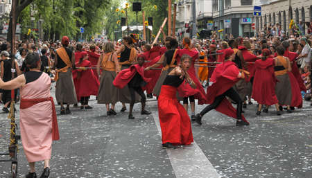 Lyon / France - September 16 2018: Biennial dance parade, colored groups parade in the streets of Lyonのeditorial素材