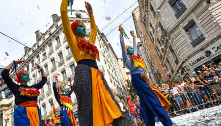 Lyon / France - September 16 2018: Biennial dance parade, colored groups parade in the streets of Lyonのeditorial素材