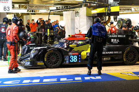 Le Mans / France - June 15-16 2019: 24 hours of Le Mans, Jackie Chan DC Racing  Team , TOreca 07 LMP2 at pit stop, Race of the 24 hours of Le Mans - Franceのeditorial素材