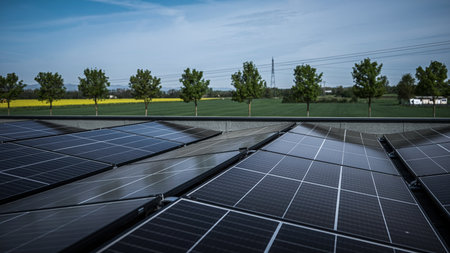 solar panels on the roof of a company near the countryside