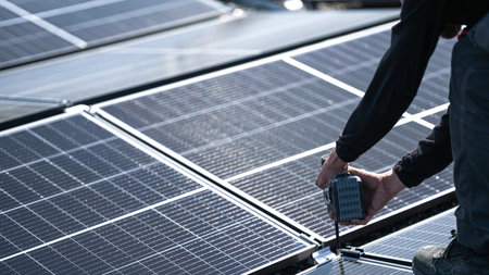 Male team engineers installing stand-alone solar photovoltaic panel system. Electricians mounting blue solar module on roof of company roof. Alternative energy conceptの写真素材