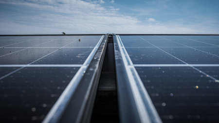 Solar panels being installed on the roof of an industrial companyの写真素材