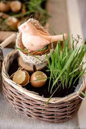 Easter decor with eggs and birdの写真素材