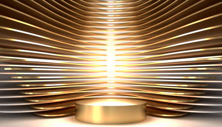 Golden studio pedestal background. Abstract wave graphic design. 3d render podium scene