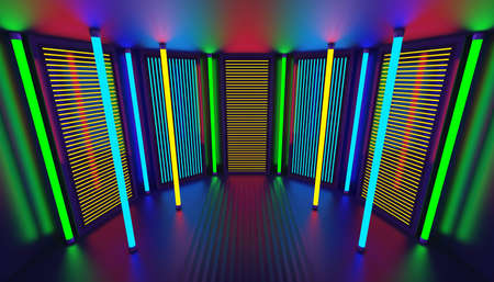 Neon glow party room abstract background. Night club interior. Glowing wall panels. 3d render.の写真素材