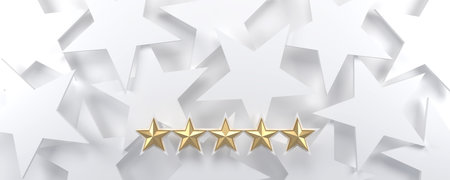5 gold stars on a white starry background, luxury and rating concept. 3d render.