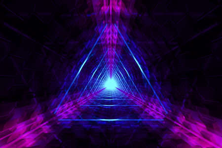 Abstract blurry background with neon triangles lights. 3d illustrationの写真素材
