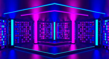 3d pink violet blue neon abstract background. Ultraviolet podium decoration empty room. Night club...