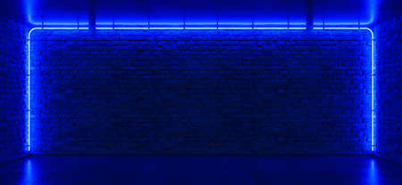 Brick wall, background, blue neon light. 3d render illustrationの写真素材