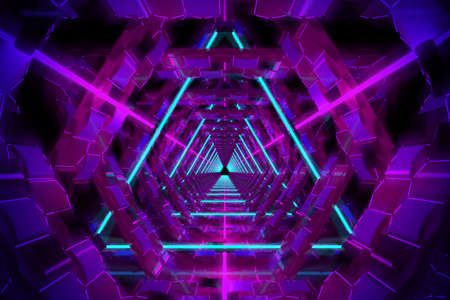 Colorful ultraviolet neon geometric glowing funnel portal. 3d illustrationの写真素材