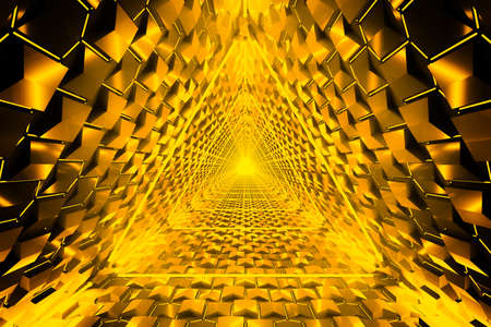 Gold neon triangle light effect with glowing lines. Futuristic abstract golden background texture...