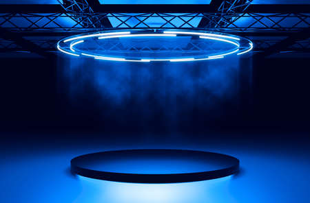 Blank platform with glowing neon round lighting from above. Futuristic product podium in smoke. 3D illustration.の写真素材