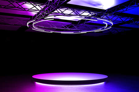Pink violet blue stage podium with lights. Round pedestal, luminous empty platform on floor. 3d illustrationの写真素材