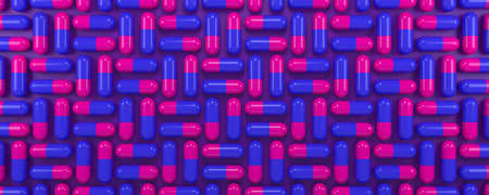 Blue pink violet medicines pills capsules geometric pattern background. 3d illustrationの写真素材