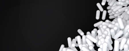 Pile of falling white medicine pills on black background. Healthcare and medical 3D illustration.の写真素材