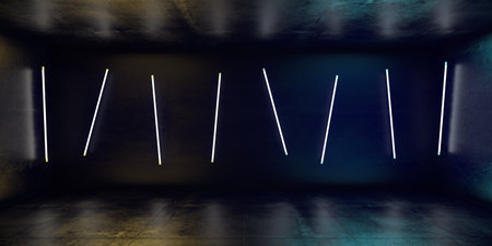 Dark background 3D image of a concrete basement with a colored glow and randomly placed linear lights, glare on the floor and walls. 3D renderの写真素材