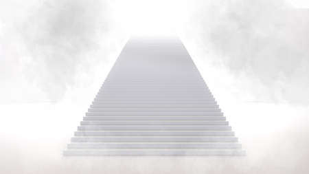 Stairs in sky, staircase with light and clouds. White spirituality and development concept backgroundの写真素材