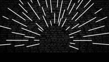 Black brick wall background, bright lamps in a circle from the center, product display podium, 3d...