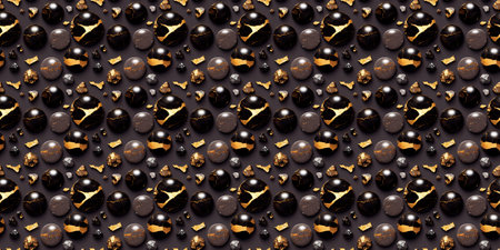 Dark texture, rounded black marble, onyx, agate particles with gold irregular inclusions, seamless backgroundの写真素材