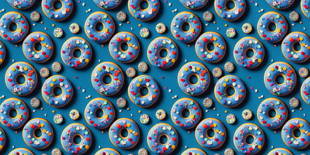 Various decorated doughnuts on a blue background, top viewの写真素材