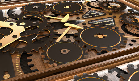Clockwork Mechanical Parts. Gears, Rings, Cogwheels. Steampunk mechanism background. 3d rendering