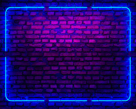 Brick wall, background, blue neon light frame. Neon room. 3d illustrationの写真素材