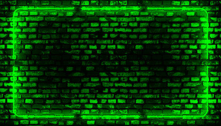 Brick wall, background, green neon light frame. Neon room. 3d illustrationの写真素材