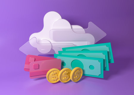 3d rendering of money and cloud computing concept on purple background.の写真素材