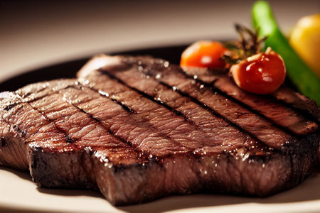 Grilled beef steak with vegetables on a plate. Shallow dof.の素材