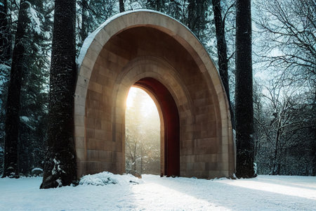 Winter snowy landscape. Winter background, arch, magic portal, light entrance. generative aiの素材