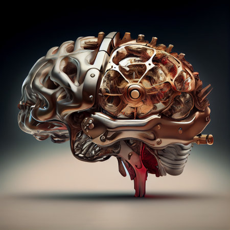 Golden anatomical 3D human brain on dark background. Generative AIの素材
