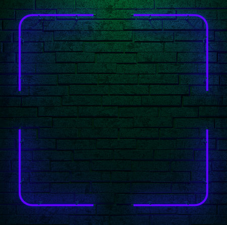 Realistic neon sign of frame with square colorful shape for template and copy space layout on the wall background. 3d renderの写真素材