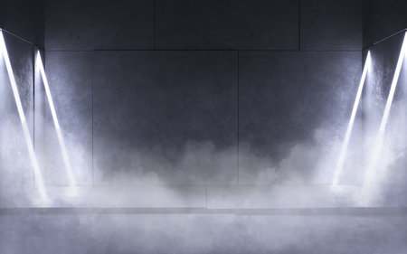 Grayscale old concrete room, neon lamps, copy space, background interior stage, 3d illustrationの写真素材