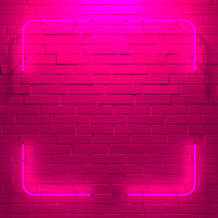 Neon sign. Square frame with pink glowing. Electric bright 3d rectangle banner design on pink backdrop. Neon abstract background. 3d illustration.の写真素材