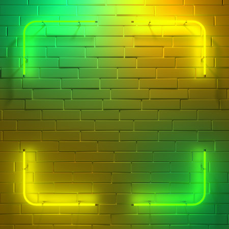 Neon Glowing Rectangle Frame Shaped Lines Tubes Multicolored Lights On Empty Concrete Brick Wall Background 3D Rendering Illustrationの写真素材