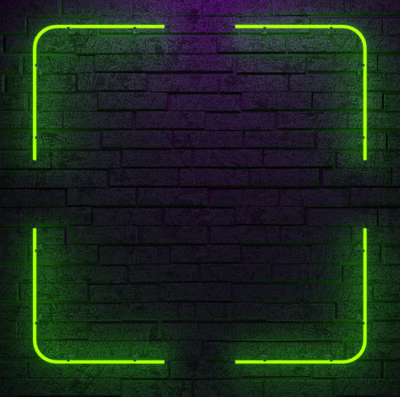 Neon Glowing Rectangle Frame Shaped Lines Tubes Purple Green Colored Lights On Dark Empty Grunge Concrete Brick Wall Background 3D Rendering Illustrationの写真素材