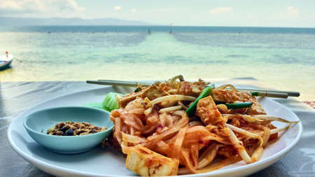 Noodles with vegetables and tofu. Thai food. Thailand.の写真素材