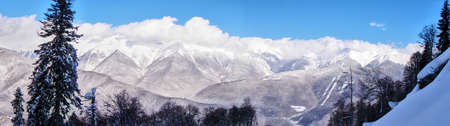 Panoramic view. The Caucasian mountain range. Krasnaya Polyana mountain resort. Sochi. Russia.