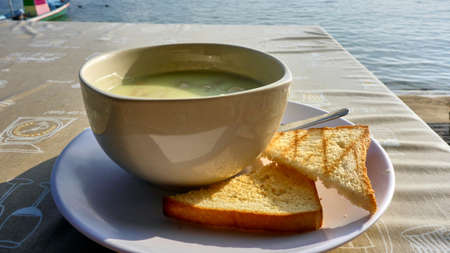 Mushroom cream soup with garlic toasts. Koh Phangan. Thailandの写真素材