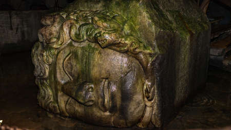 The Column with Medusa head base in Basilica Cistern. Istanbul. Turkeyの写真素材