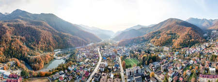 Aerial view of Krasnaya Polyana, mountains in autumn.
