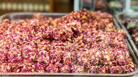 Close up of Turkish delight or lokum with rose leaves, Northern Cyprus