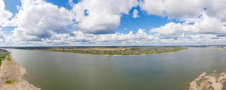 Aerial view of Tom river on sunny day, Summer in Siberia, Russiaの写真素材
